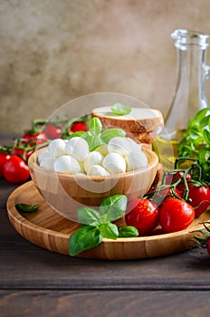 Italian food ingredients Ã¢â¬â mozzarella, tomatoes, basil and olive oil on rustic wooden table.